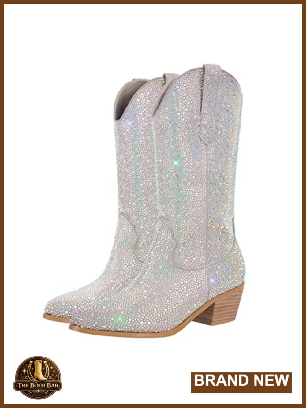 Sparkly Rhinestone Mid Calf Pull On Cowboy Boots Comfort Heel